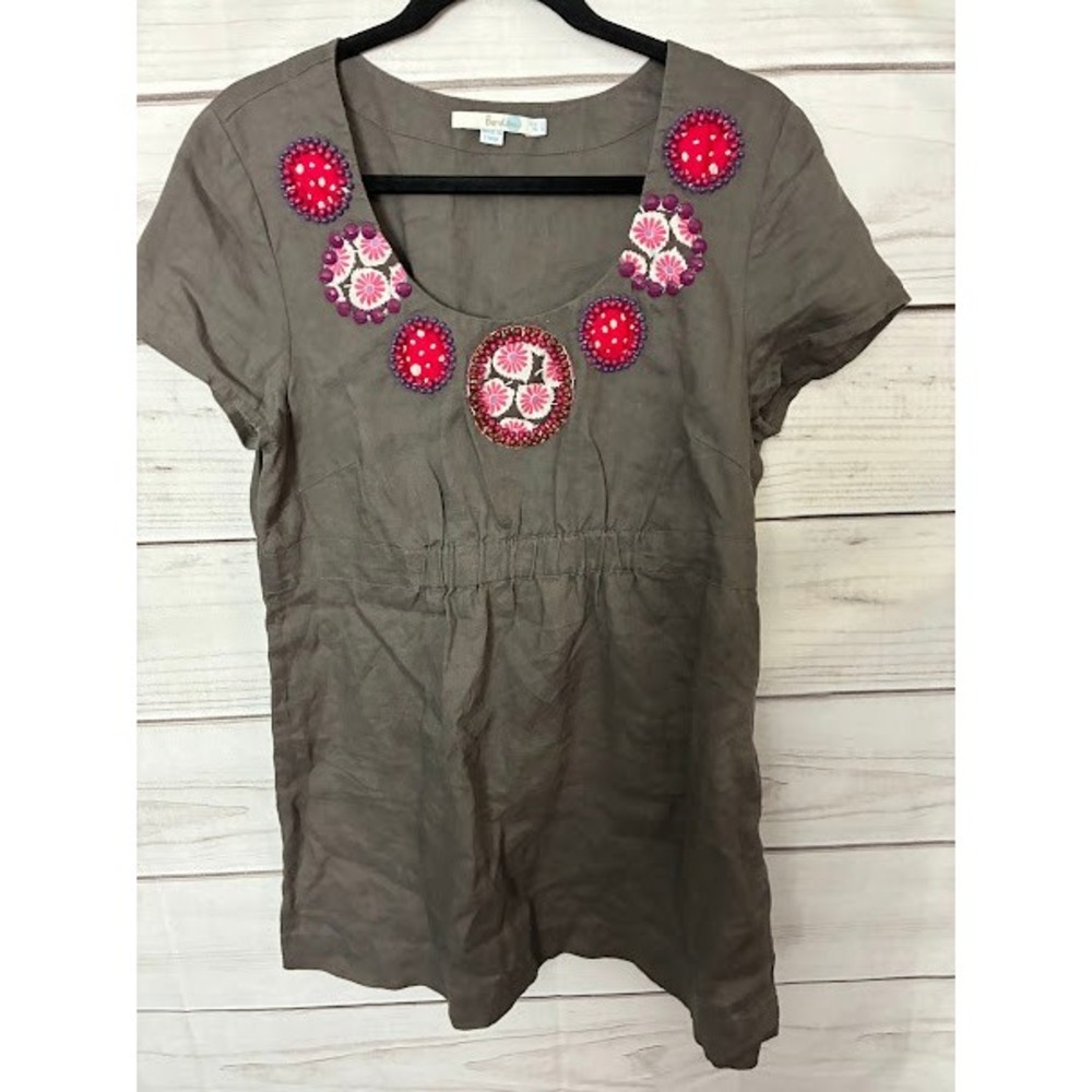 Boden Women Taupe Brown 100% Linen Beaded Floral Empire Waist Tunic Top US 12